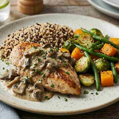 Pechuga de Pollo Asada con Salsa Cremosa de Champiñones