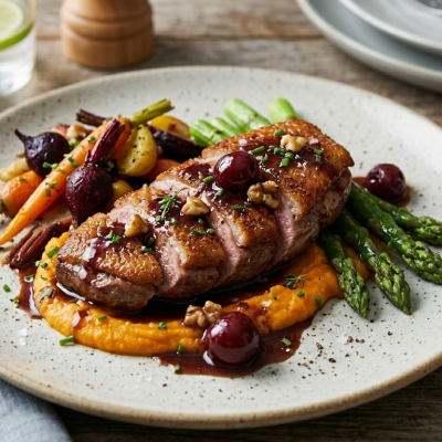 Magret de pollo con salsa de cerezas