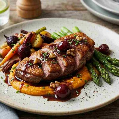 Magret de pollo con salsa de cerezas